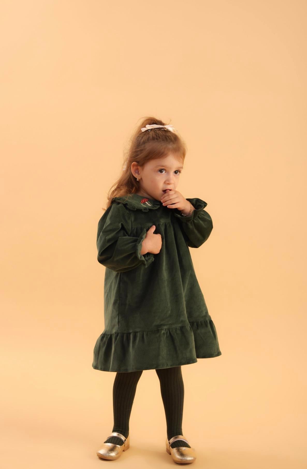 Fitilli Kadife Elbise - Yeşil