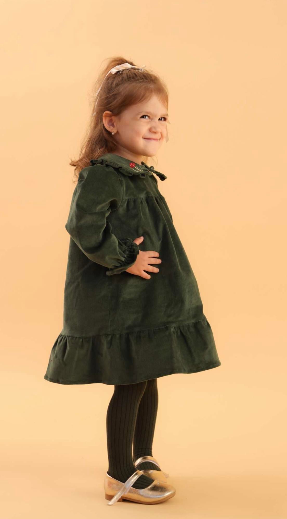 Fitilli Kadife Elbise - Yeşil