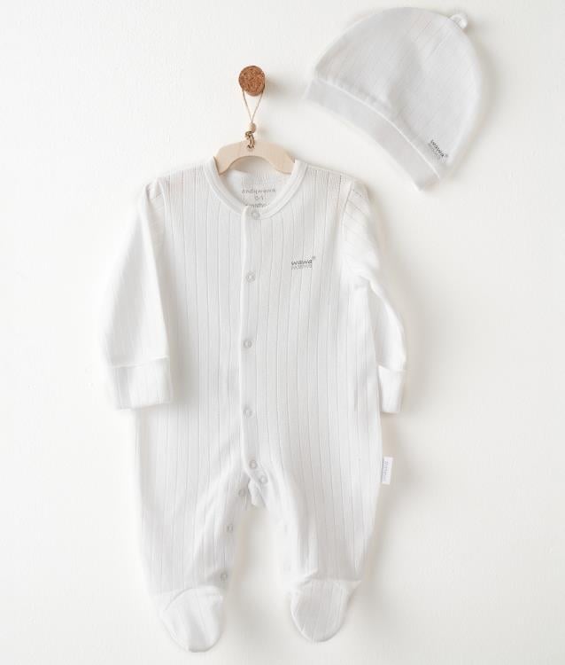 AC26592 WHITE BEBEK TULUM TAKIM ROMPER HAT SET JACQUARD HELLO ELEPHANT