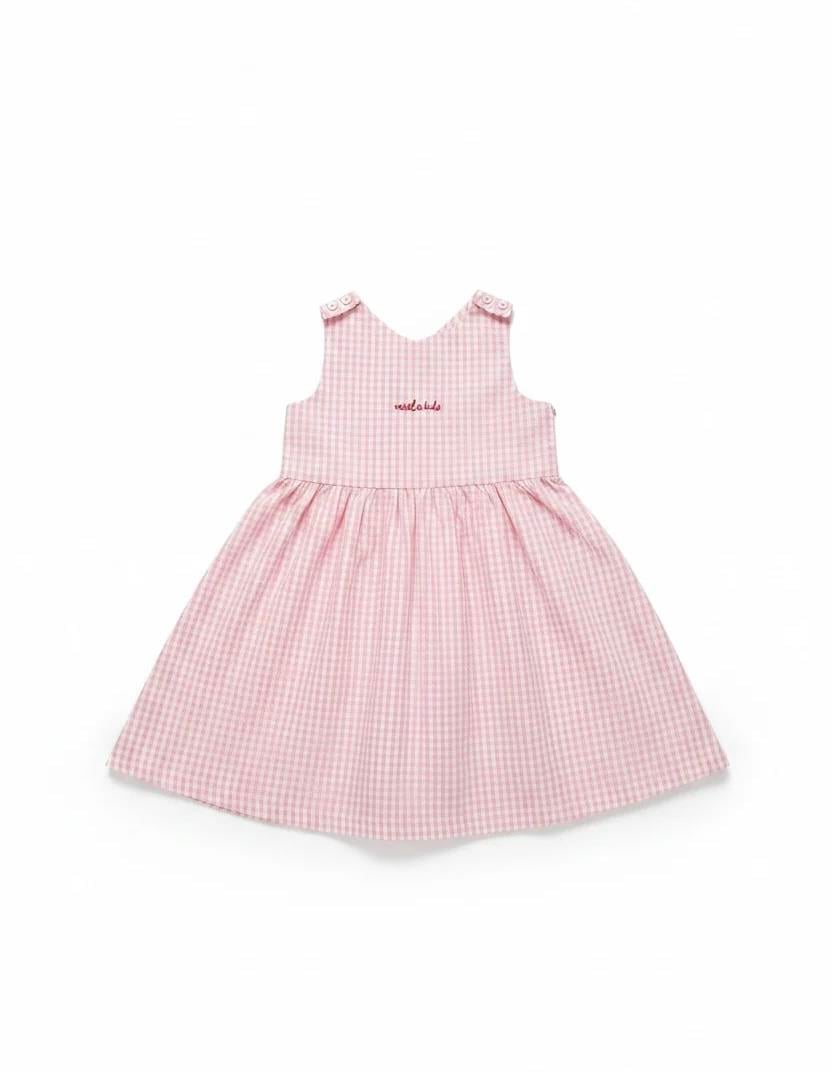 Cherry Detaylı Pembe Ekose Elbise