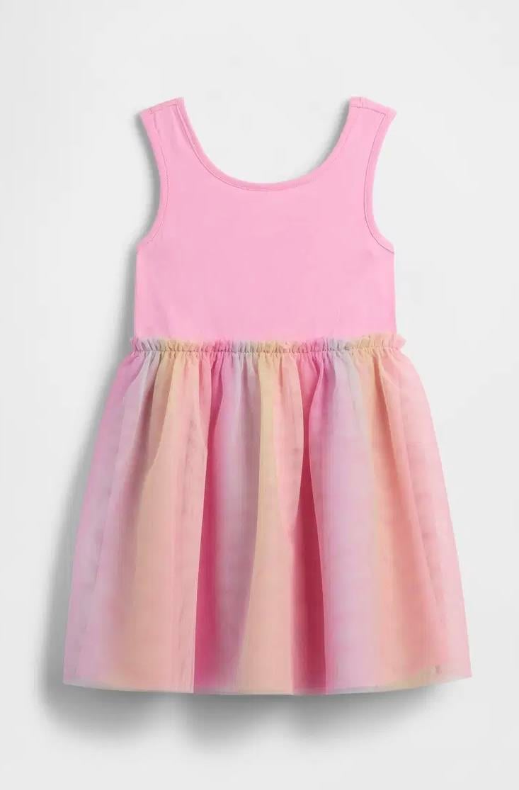 Tül Detaylı Rainbow Elbise - Pembe
