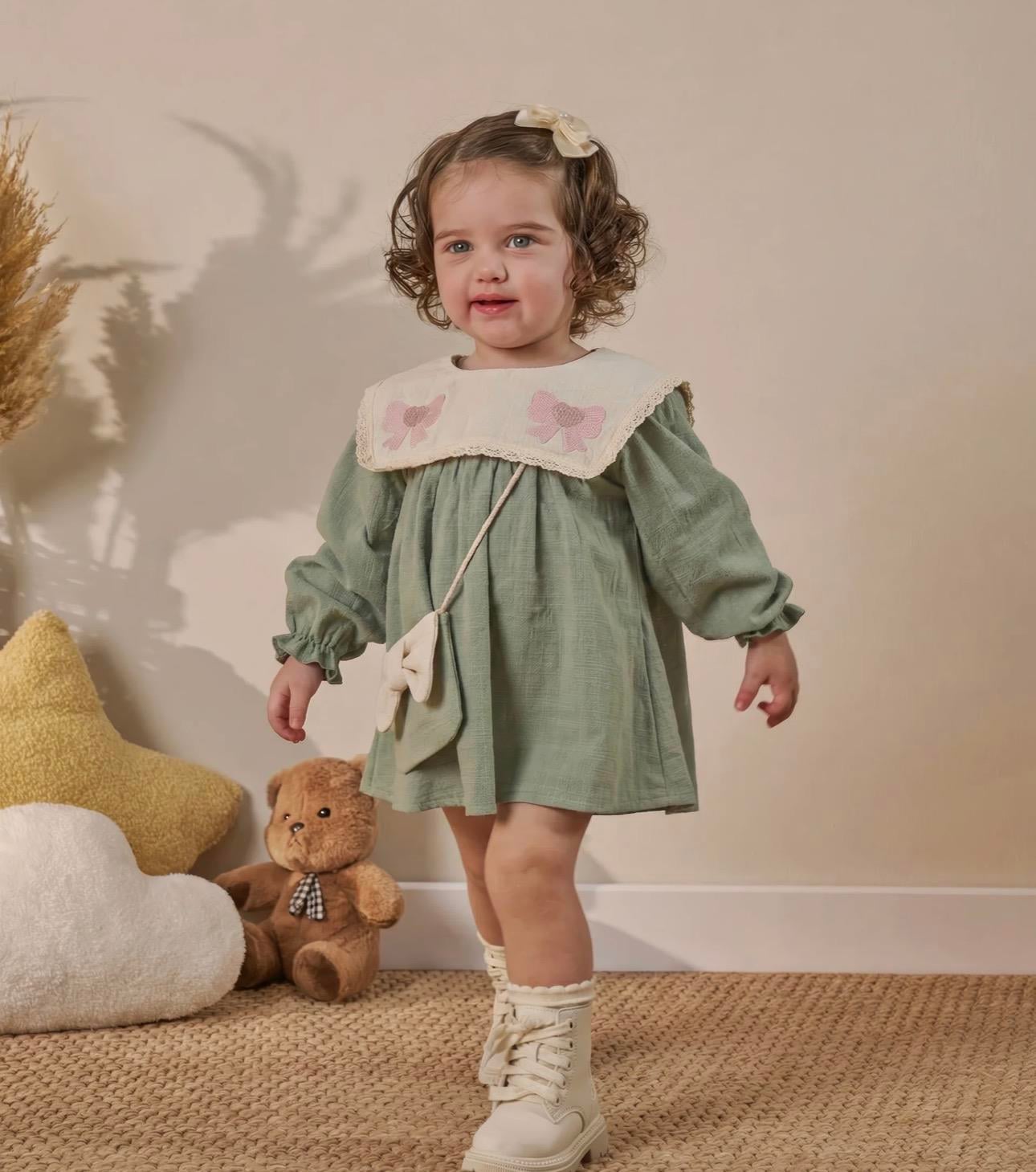 Nakışlı Keten Elbise - Yeşil