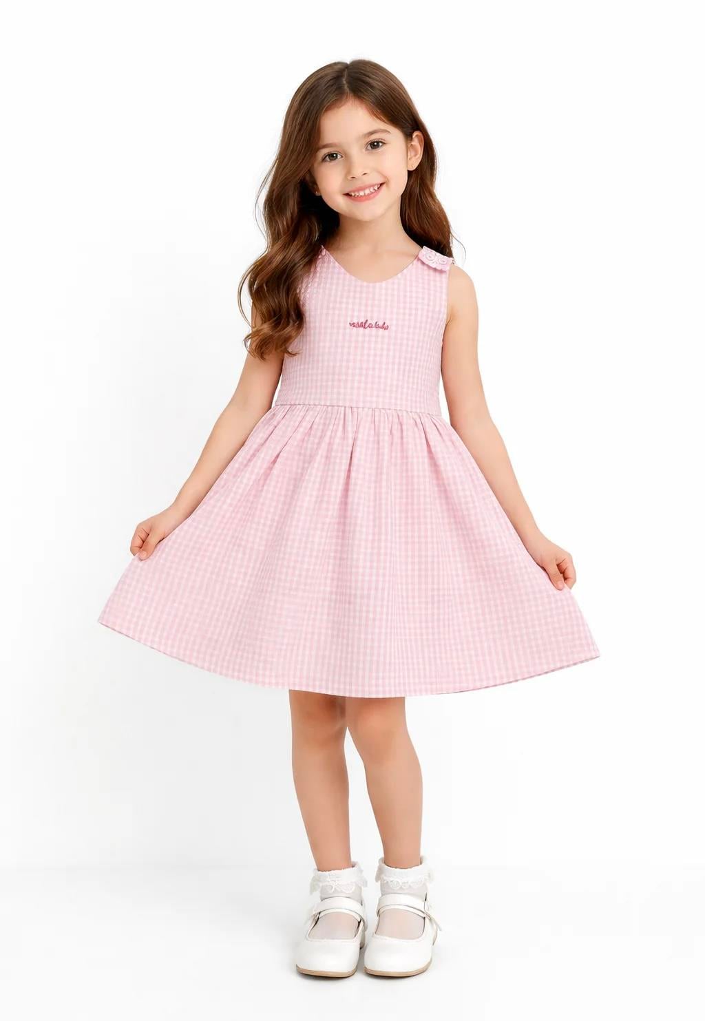 Cherry Detaylı Pembe Ekose Elbise