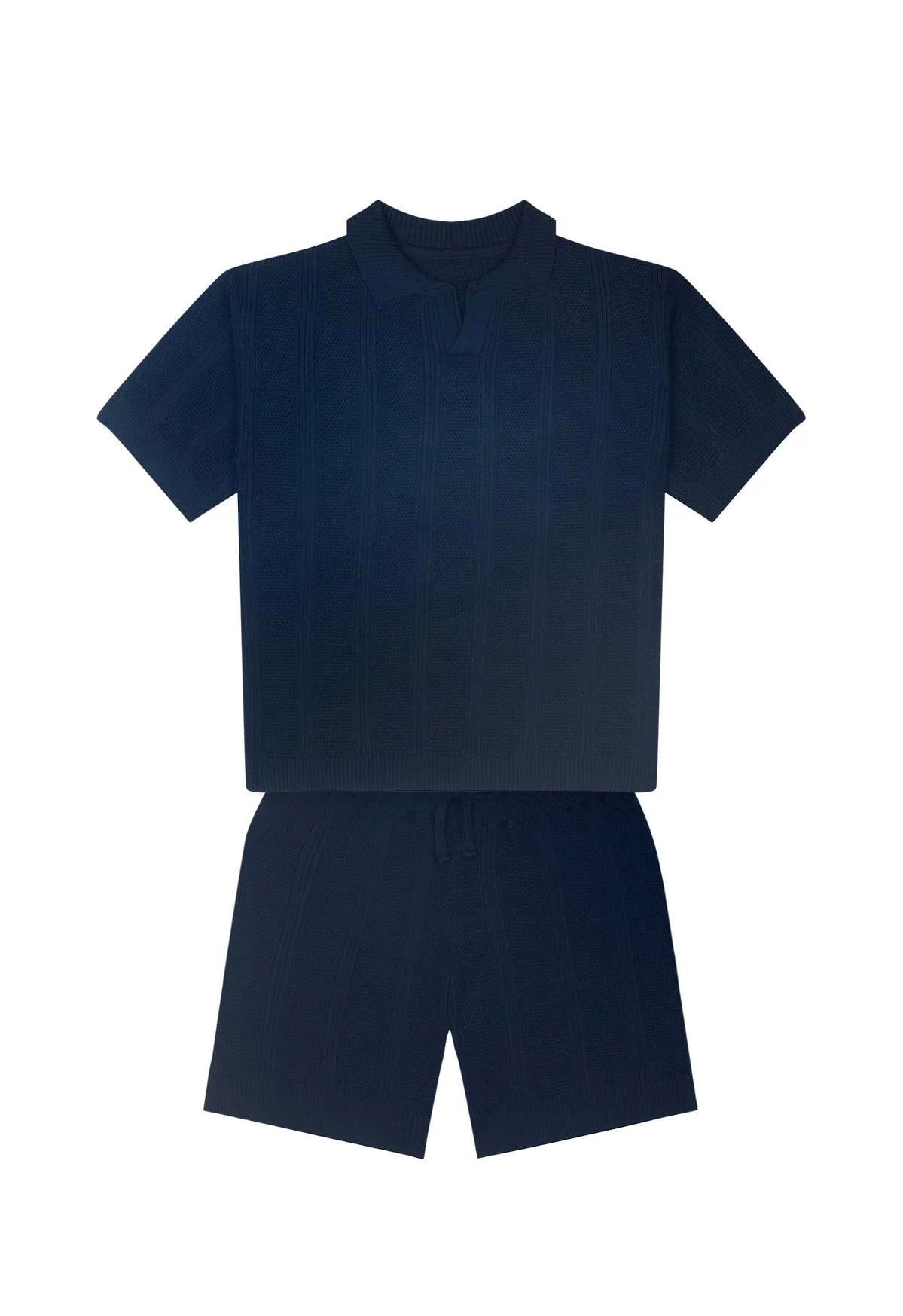 Lacivert Dokulu Triko Kısa Kollu Tshirt Şort Set