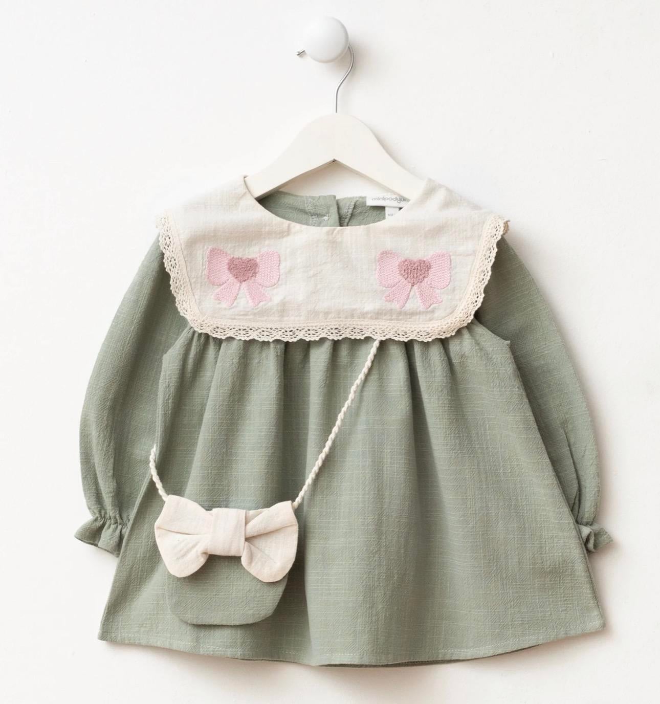 Nakışlı Keten Elbise - Yeşil