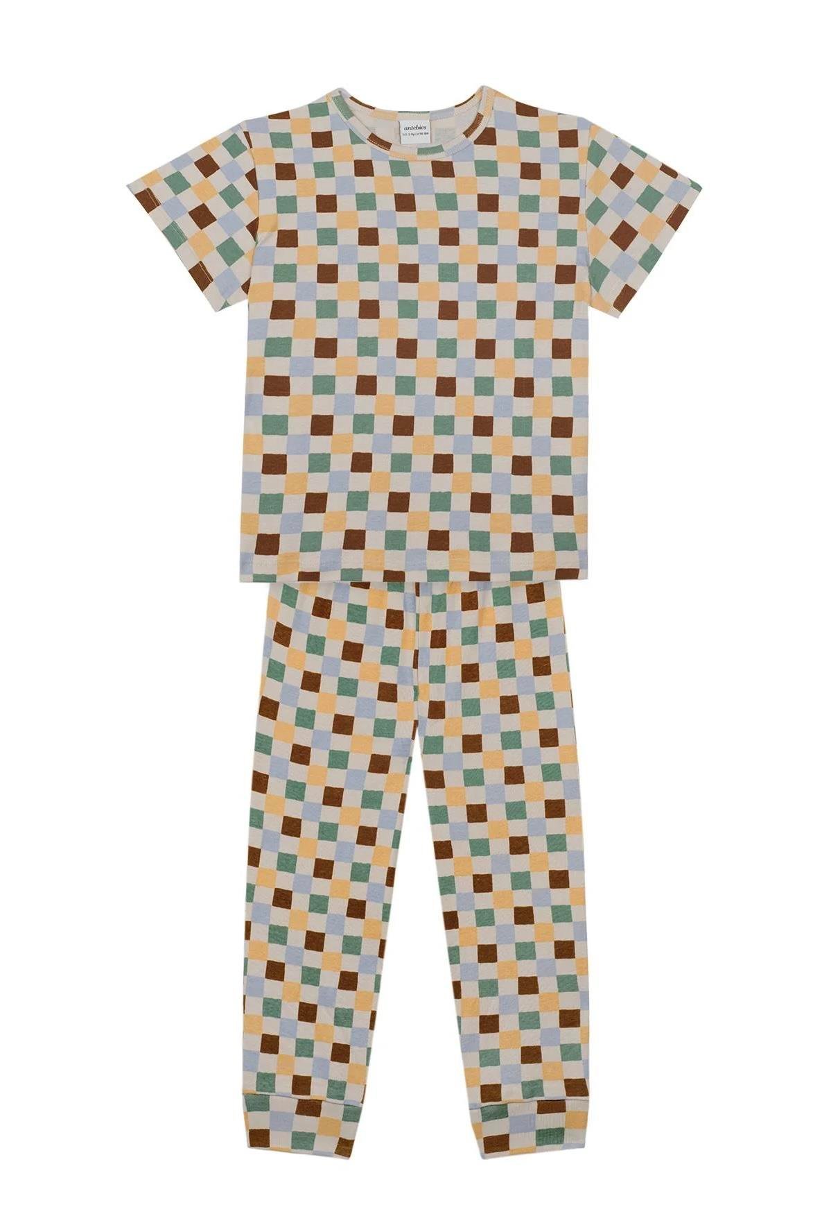 Pastel Damalar Kısa Kollu Uzun Alt Pijama Takımı