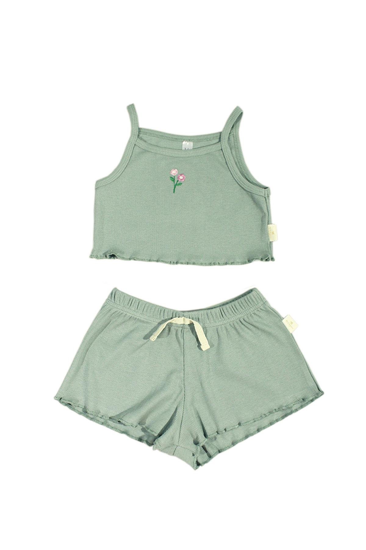 Flora Nakışlı Crop Fitilli Takım - Mint