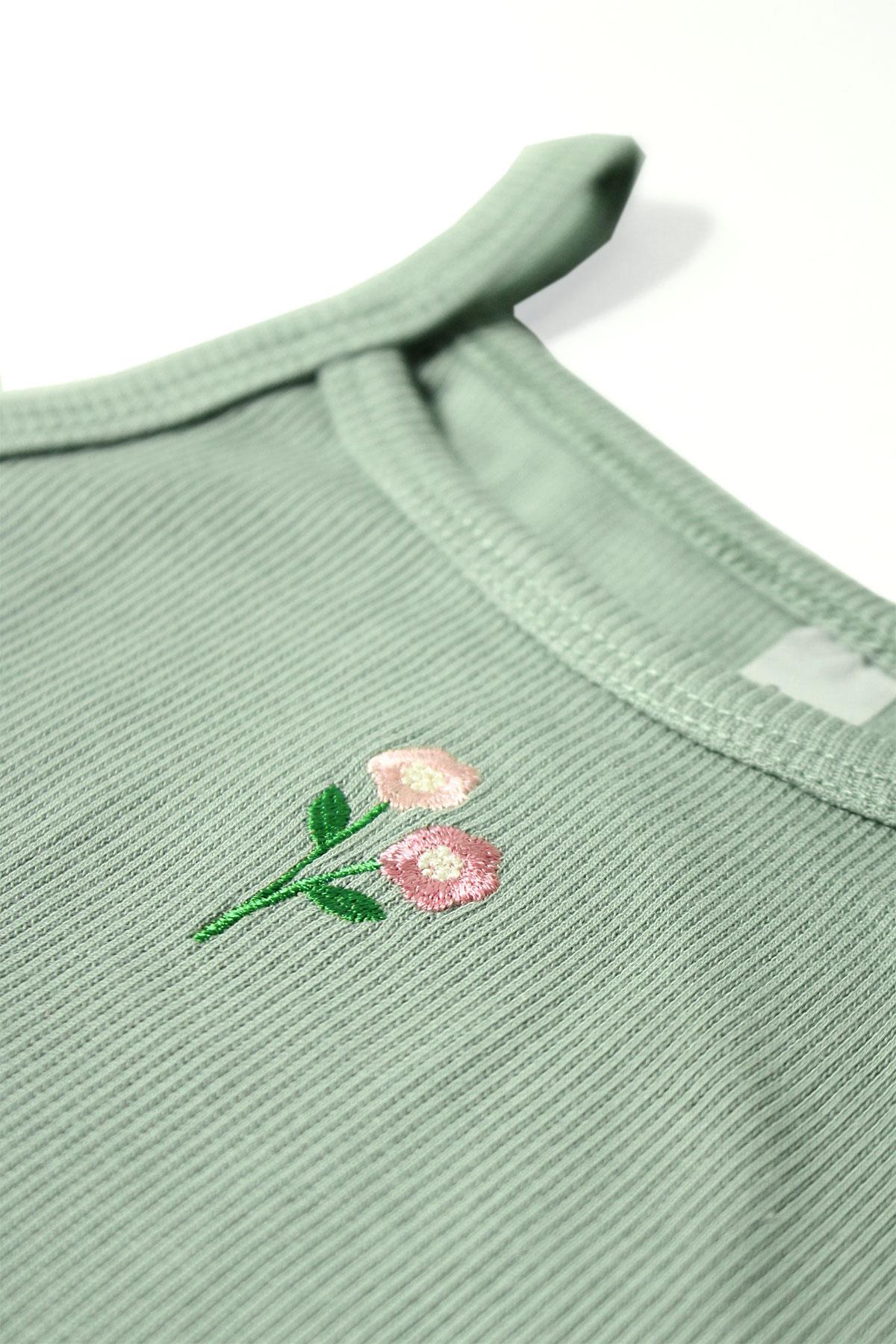 Flora Nakışlı Crop Fitilli Takım - Mint