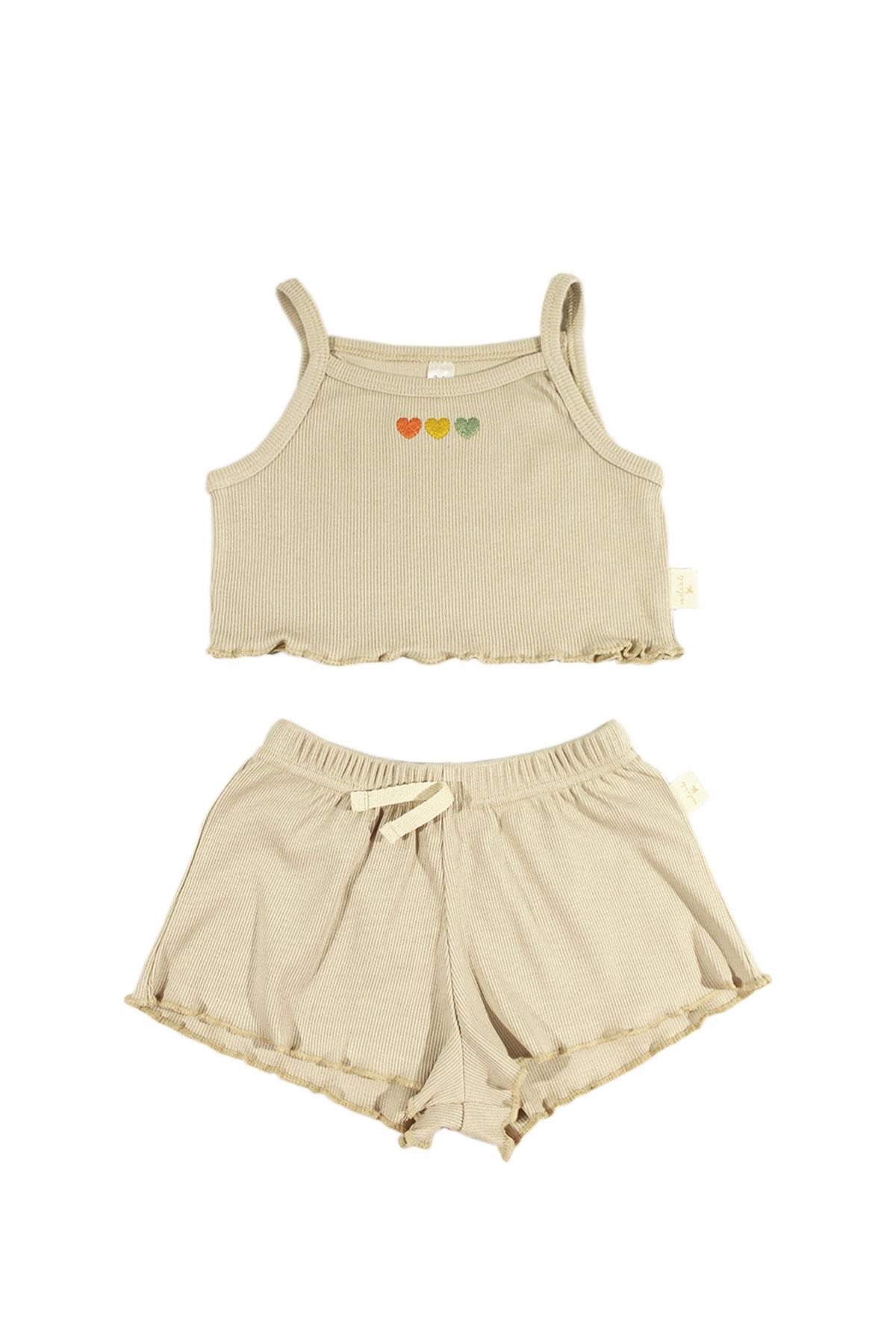 Hearts Nakışlı Crop Fitilli Takım - Bej
