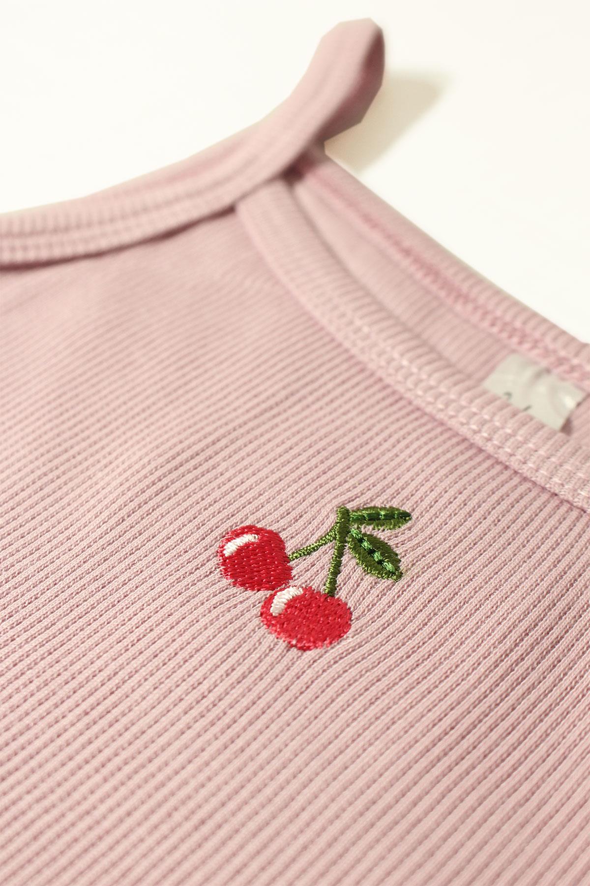 Kiraz Nakışlı Crop Fitilli Takım - Lila