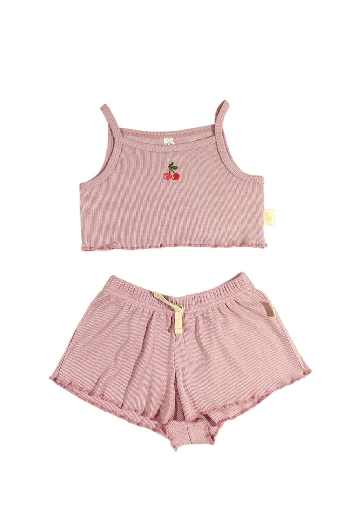 Kiraz Nakışlı Crop Fitilli Takım - Lila
