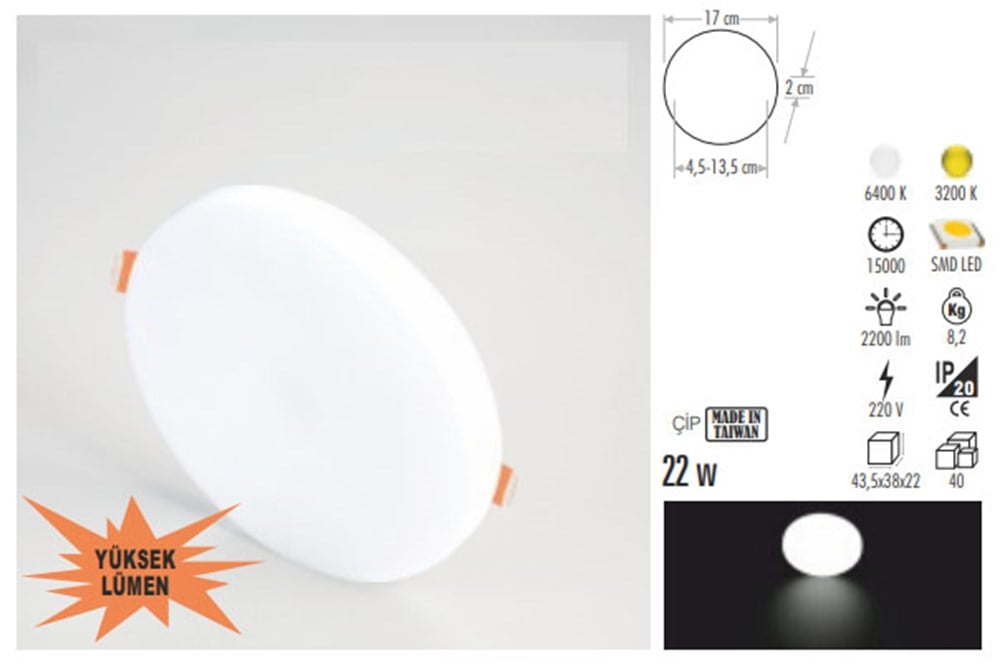 22 Watt Xplus Led Armatür 6400K Beyaz Işık