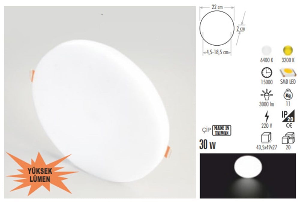 30 Watt Xplus Led Armatür 6400K Beyaz Işık