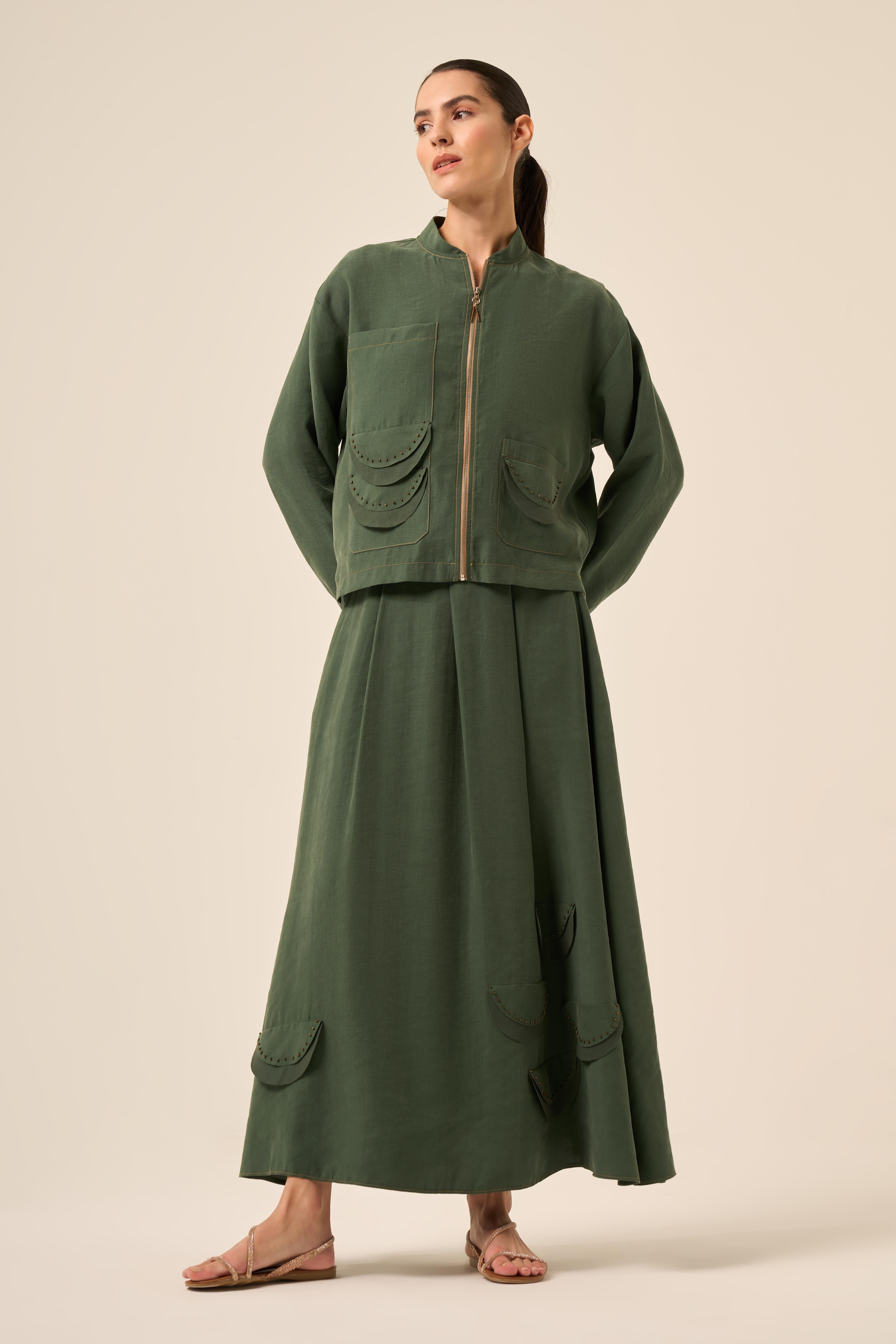 ETEĞİ VE CEKETİ BAKIR KUM BONCUK DETAYLI PASION ETEKLİ TAKIM