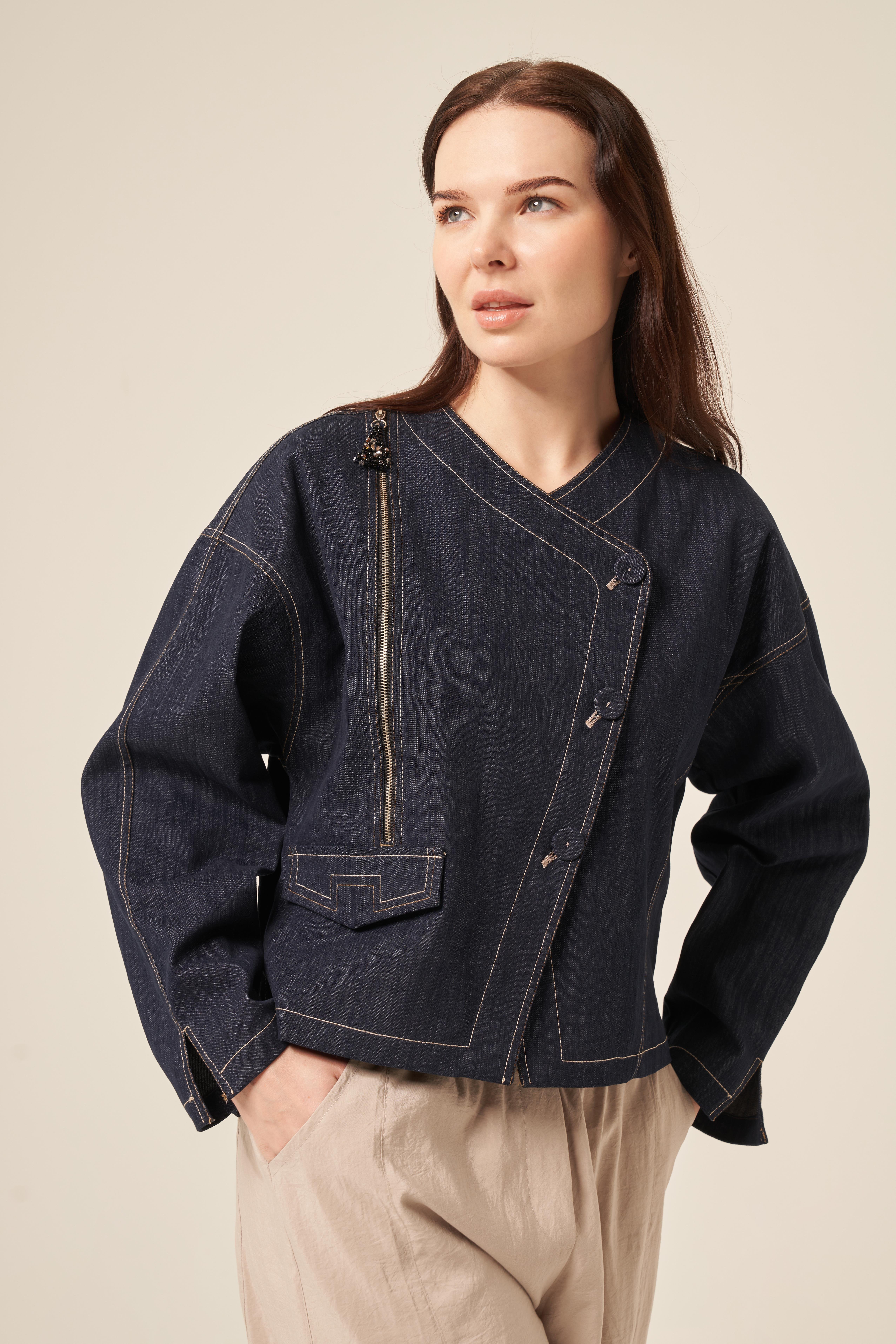 KRUVAZE KAPAMA FERMUAR DETAYLI DENIM CEKET