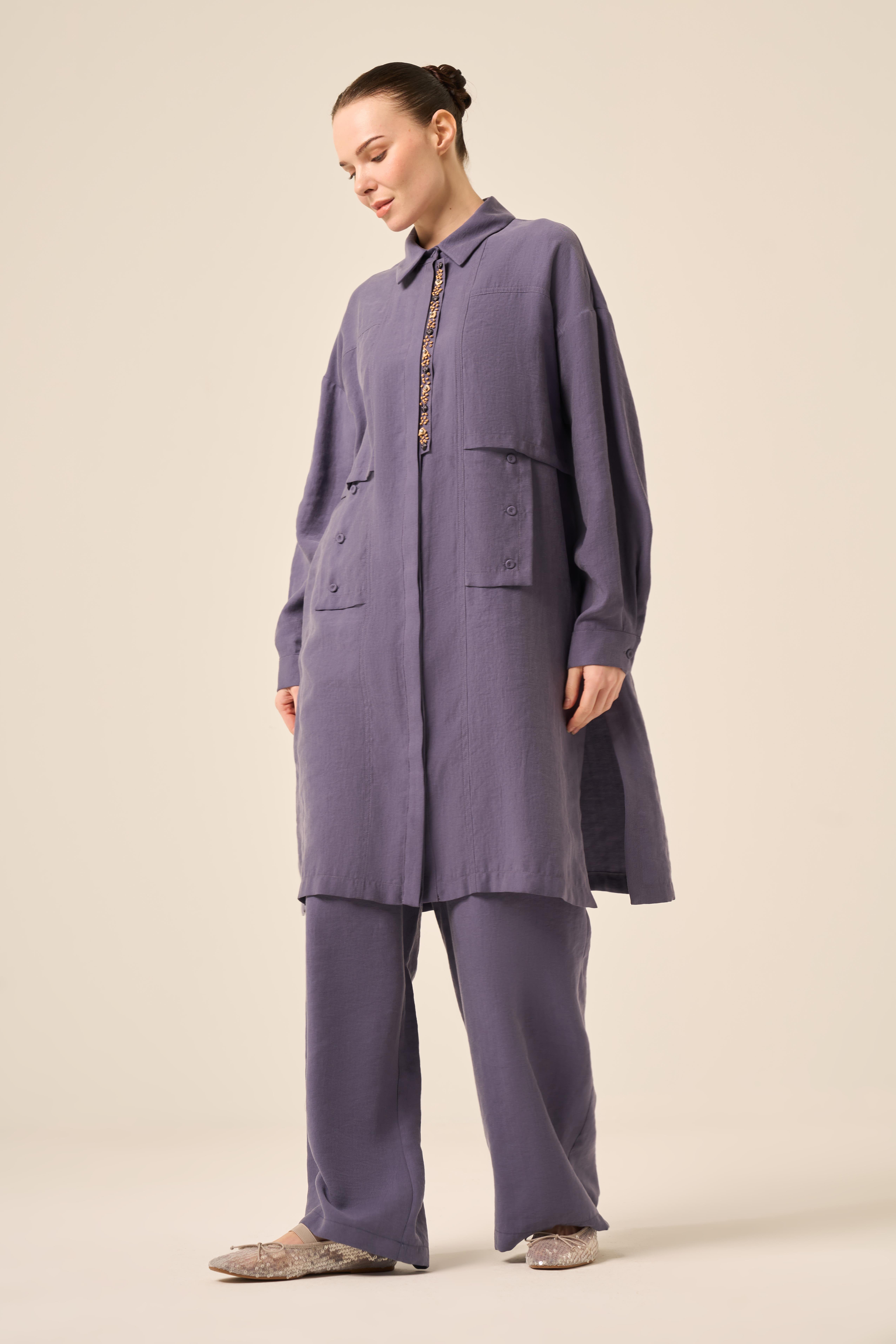 ÖN PATI BONCUK İŞLEMELİ UZUN PASION TUNİK