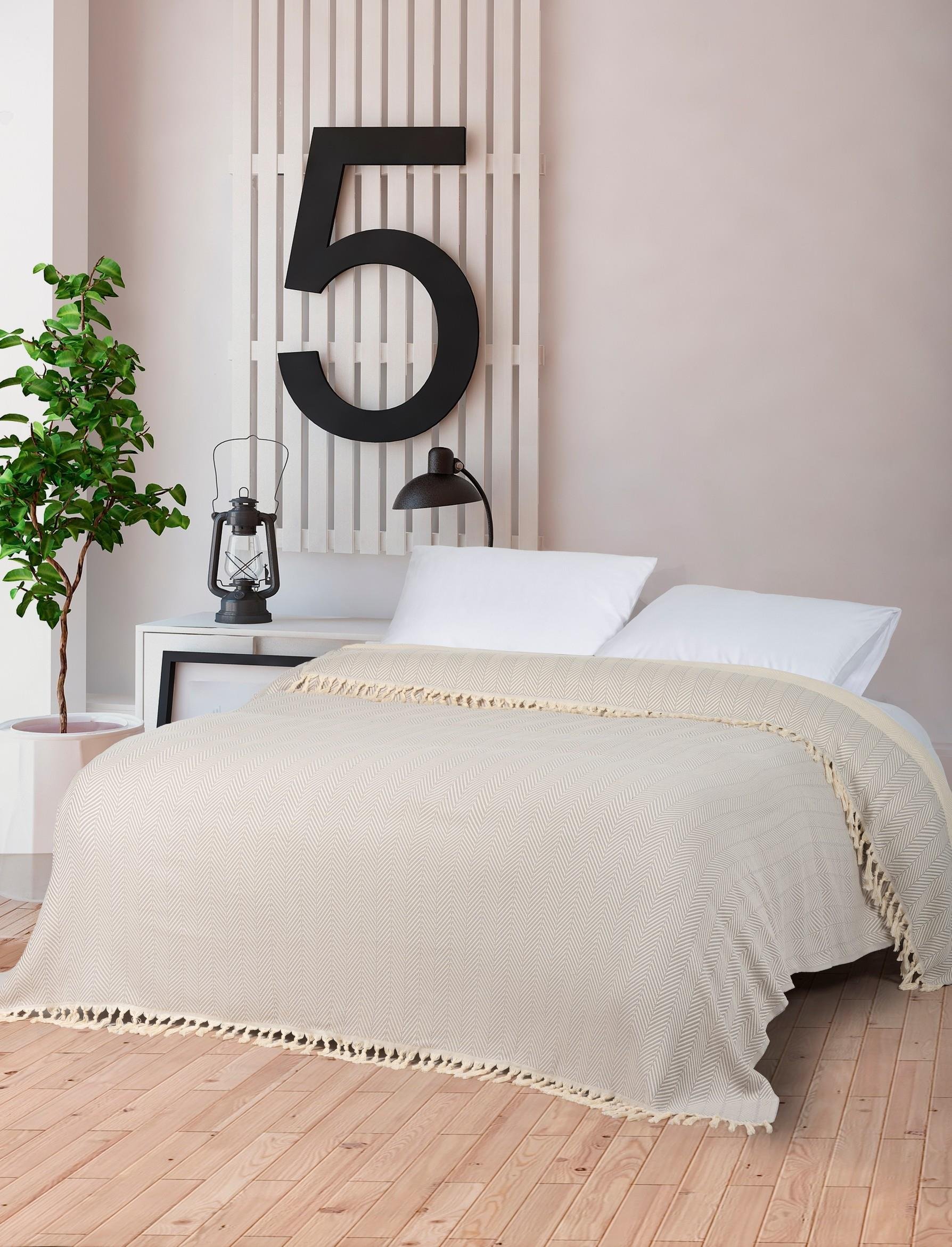 Çift Kişilik 200x250 Balık Sırtı Desen, Gri Renk, Pamuklu, Saçaklı, Yatak ÖrtüsüYATAK ÖRTÜSÜCasamollis