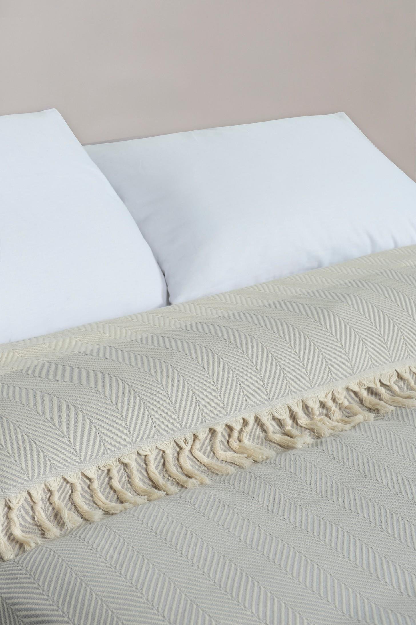 Çift Kişilik 200x250 Balık Sırtı Desen, Gri Renk, Pamuklu, Saçaklı, Yatak ÖrtüsüYATAK ÖRTÜSÜCasamollis
