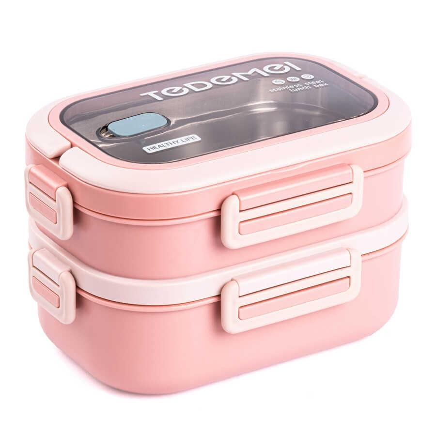 018-01-TEDEMEI PEMBE PASLANMAZ ÇELİK ÇİFT KATLI YEMEK TAŞIMA KABI 1.65L