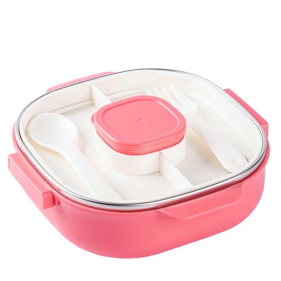 024-01-TEDEMEI PEMBE PASLANMAZ ÇELİK 3 BÖLMELİ ÇATAL VE KAŞIKLI YEMEK TAŞIMA KABI 700ML