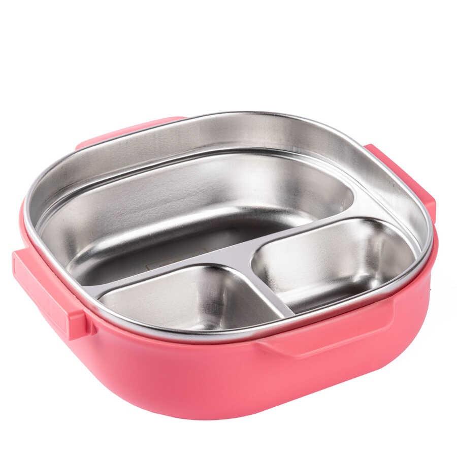 024-01-TEDEMEI PEMBE PASLANMAZ ÇELİK 3 BÖLMELİ ÇATAL VE KAŞIKLI YEMEK TAŞIMA KABI 700ML