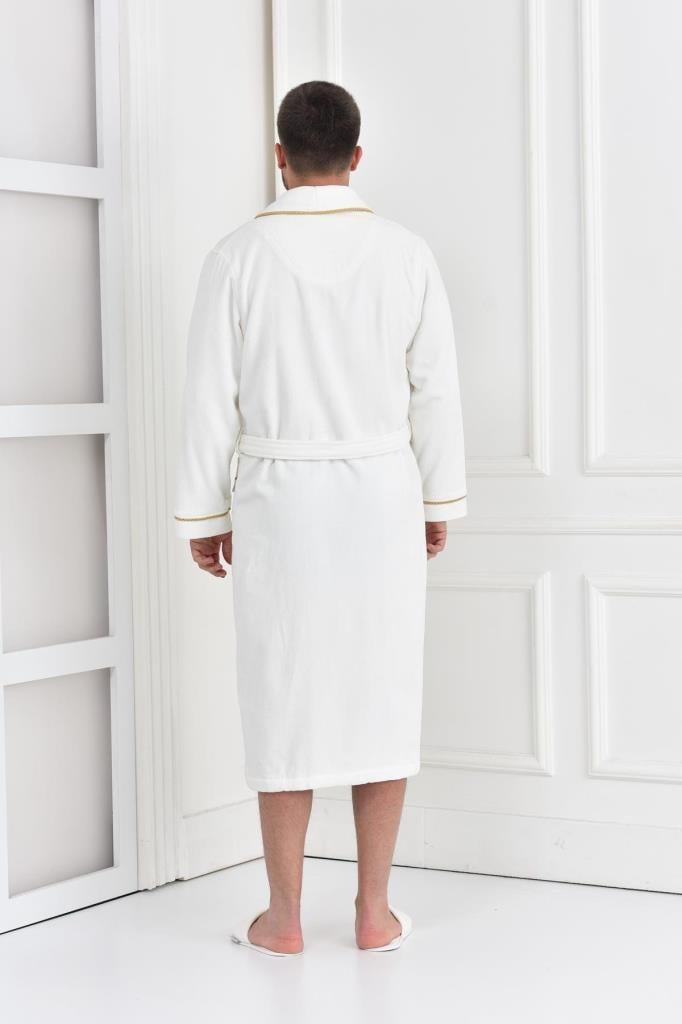 Ecocotton Aslışah Erkek Bornoz %100 Organik Pamuk Nakışlı Krem - XL