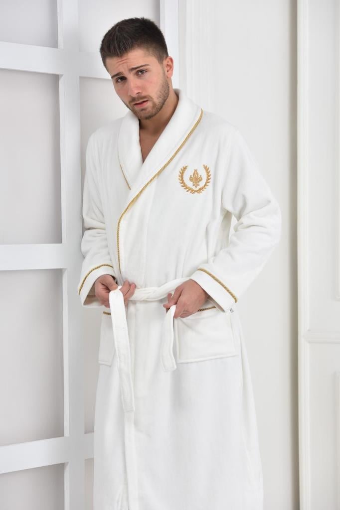 Ecocotton Aslışah Erkek Bornoz %100 Organik Pamuk Nakışlı Krem - XL