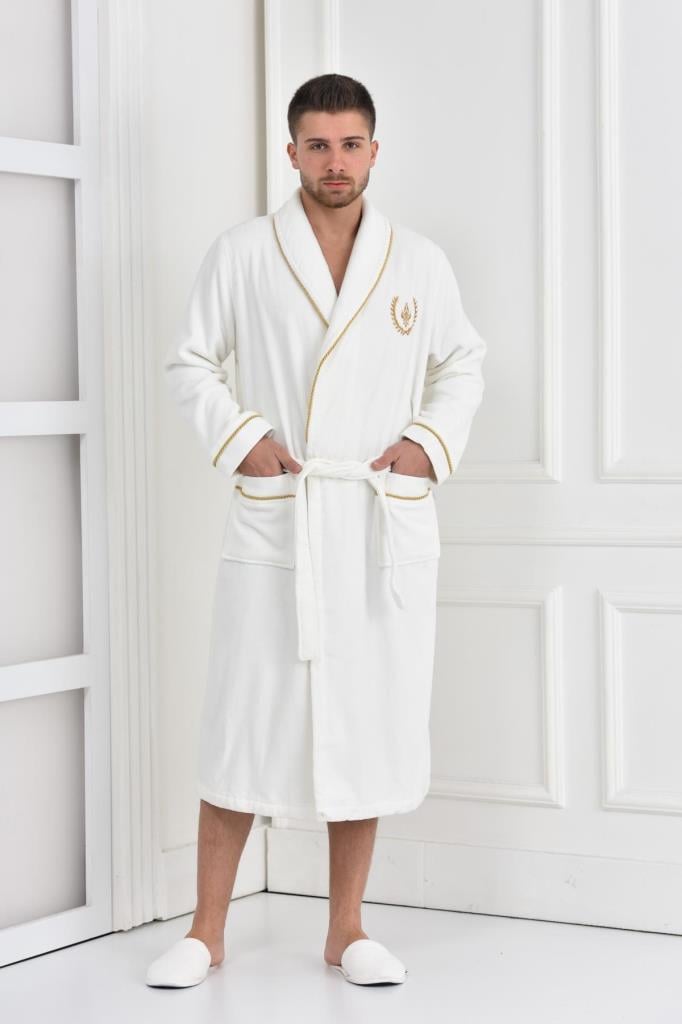 Ecocotton Aslışah Erkek Bornoz %100 Organik Pamuk Nakışlı Krem - XL