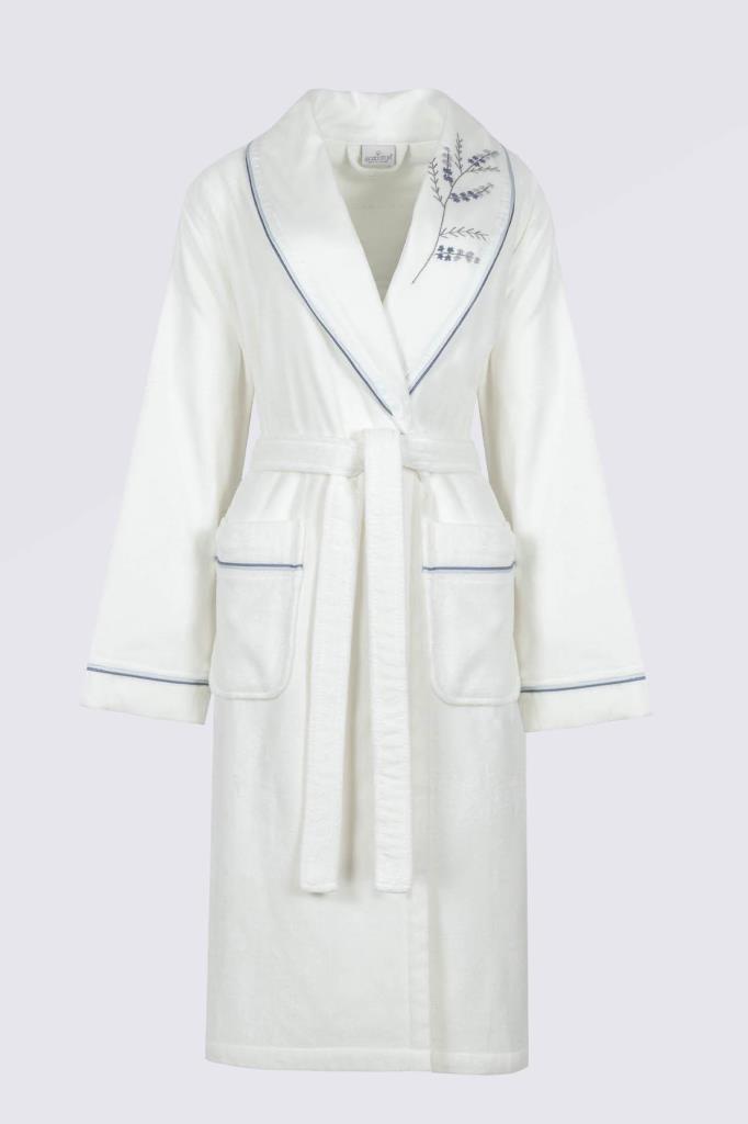 Ecocotton Derin Aile Bornoz Seti %100 Organik Pamuk Nakışlı Krem/Mavi - M/L