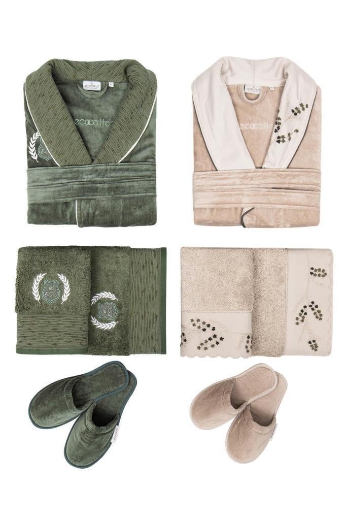 Ecocotton Derin Aile Bornoz Seti %100 Organik Pamuk Nakışlı Bej/Yeşil - M/L