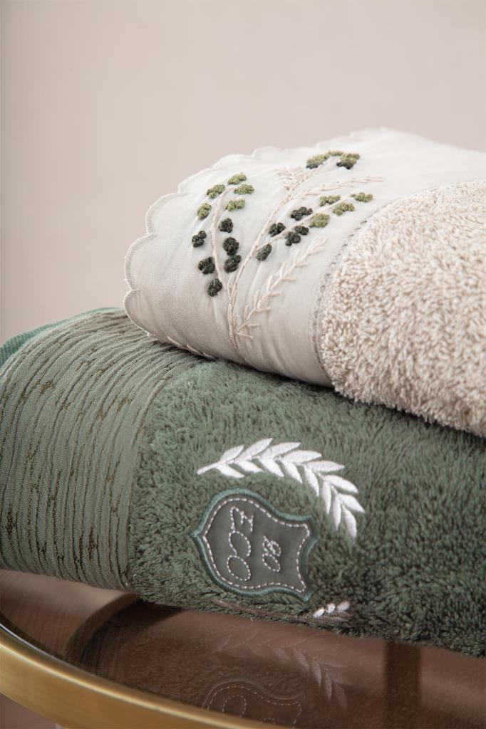Ecocotton Derin Aile Bornoz Seti %100 Organik Pamuk Nakışlı Bej/Yeşil - M/L