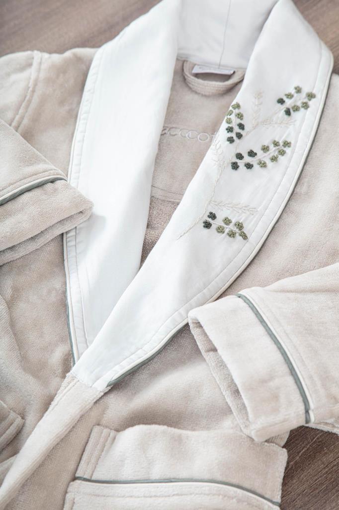 Ecocotton Derin Aile Bornoz Seti %100 Organik Pamuk Nakışlı Bej/Yeşil - M/L