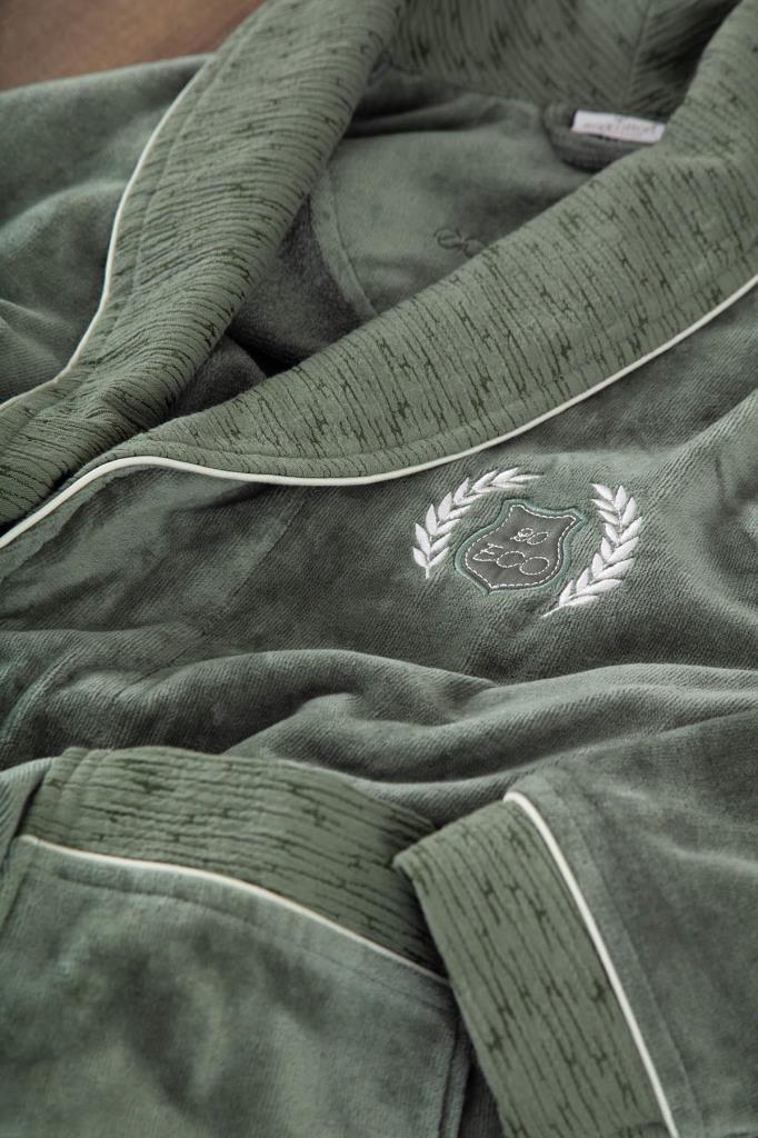 Ecocotton Derin Aile Bornoz Seti %100 Organik Pamuk Nakışlı Bej/Yeşil - M/L