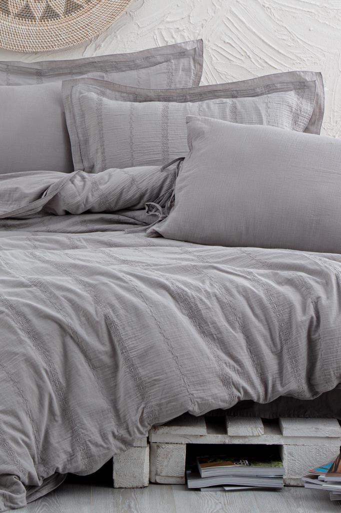 Ecocotton Hafsa Çift Kişilik Nevresim Takımı %100 Organik Pamuk Müslin Brodeli Açık Gri 200x220 Cm