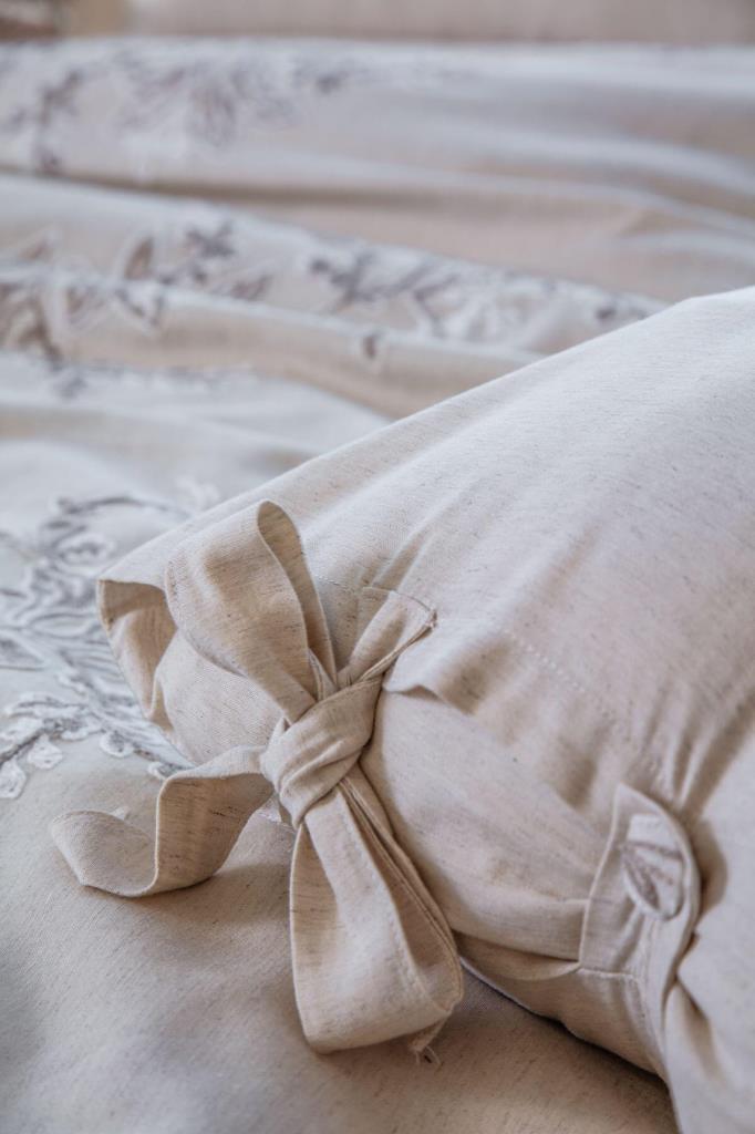 Ecocotton Libera Çift Kişilik Nevresim Takımı %100 Organik Pamuk Keten Süzene Nakışlı Krem-Bej 200x220 Cm
