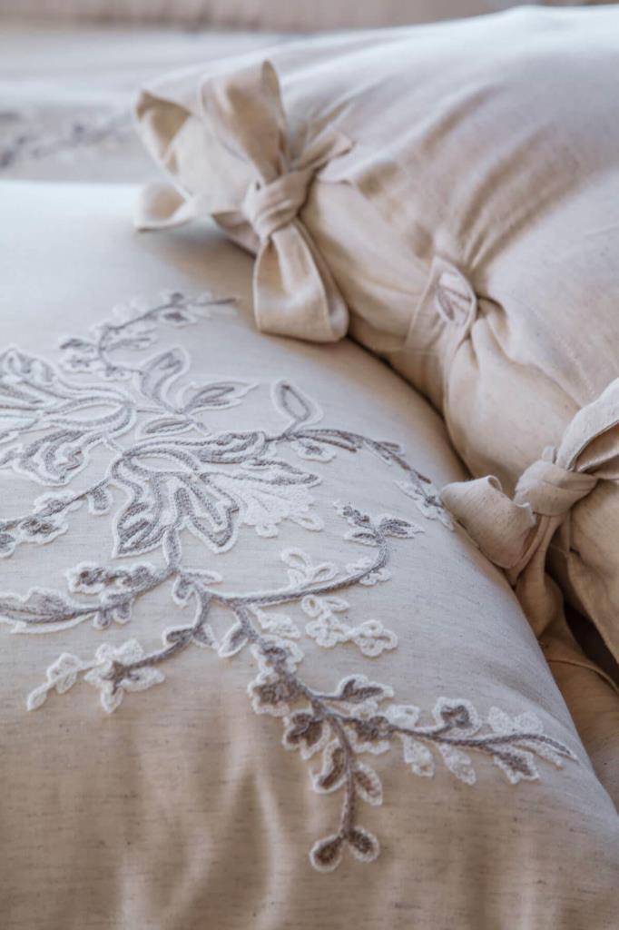 Ecocotton Libera Çift Kişilik Nevresim Takımı %100 Organik Pamuk Keten Süzene Nakışlı Krem-Bej 200x220 Cm