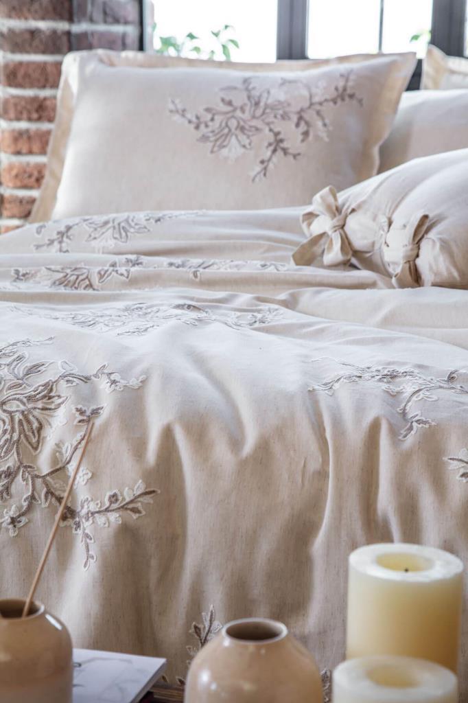 Ecocotton Libera Çift Kişilik Nevresim Takımı %100 Organik Pamuk Keten Süzene Nakışlı Krem-Bej 200x220 Cm
