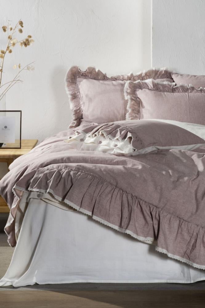 Ecocotton Lisa Çift Kişilik Nevresim Takımı %100 Organik Pamuk Keten Fırfırlı Lila 200x220 Cm