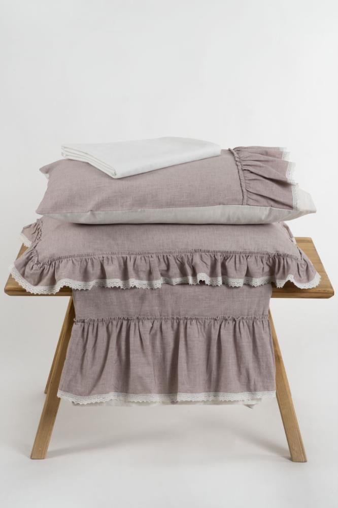Ecocotton Lisa Çift Kişilik Nevresim Takımı %100 Organik Pamuk Keten Fırfırlı Lila 200x220 Cm