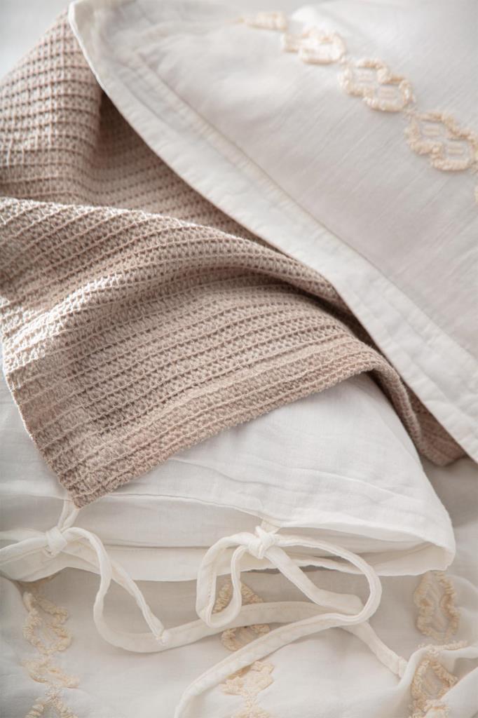 Ecocotton Sima Çift Kişilik Nevresim Takımı %100 Organik Pamuk Müslin Brodeli Krem 200x220 Cm
