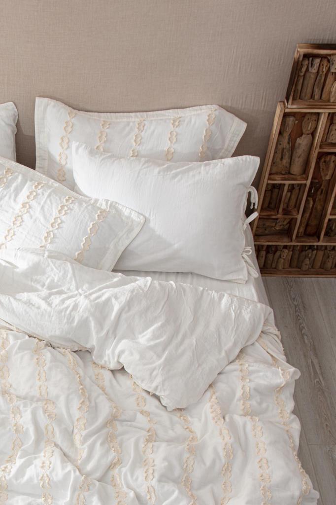 Ecocotton Sima Çift Kişilik Nevresim Takımı %100 Organik Pamuk Müslin Brodeli Krem 200x220 Cm