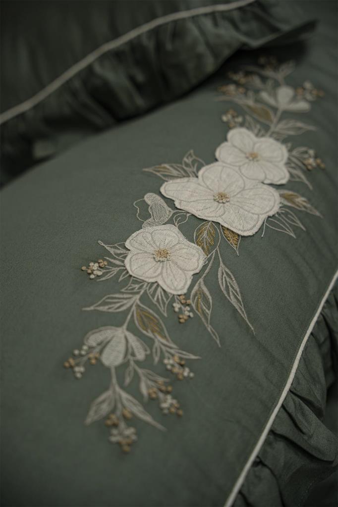 Ecocotton Vanya Çift Kişilik Nevresim Takımı %100 Organik Pamuk Saten Aplika Nakışlı Yeşil 200x220 cm
