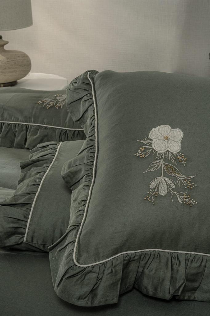 Ecocotton Vanya Çift Kişilik Nevresim Takımı %100 Organik Pamuk Saten Aplika Nakışlı Yeşil 200x220 cm