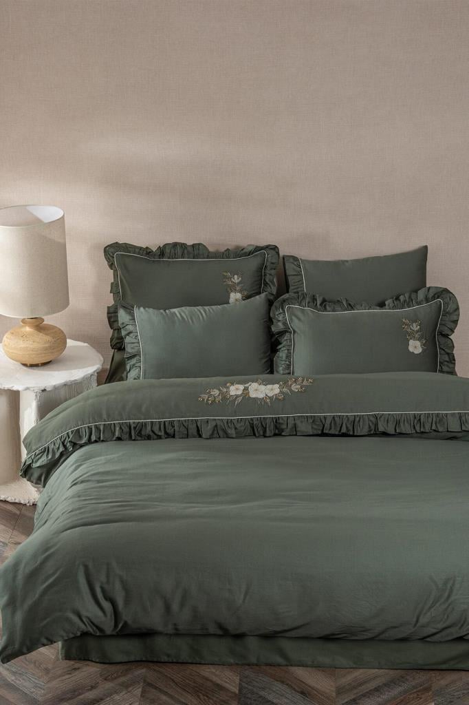 Ecocotton Vanya Çift Kişilik Nevresim Takımı %100 Organik Pamuk Saten Aplika Nakışlı Yeşil 200x220 cm