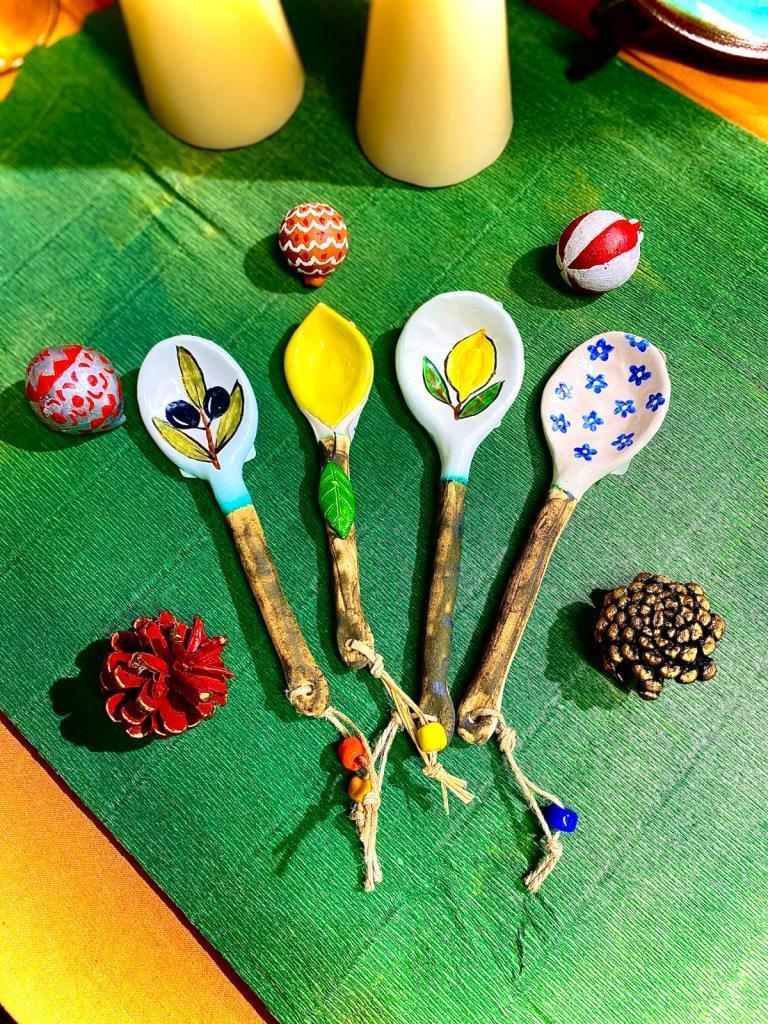 Eleia Serisi Seramik İkram ve Servis Kaşıkları - Mavi Çiçek (16 cm)