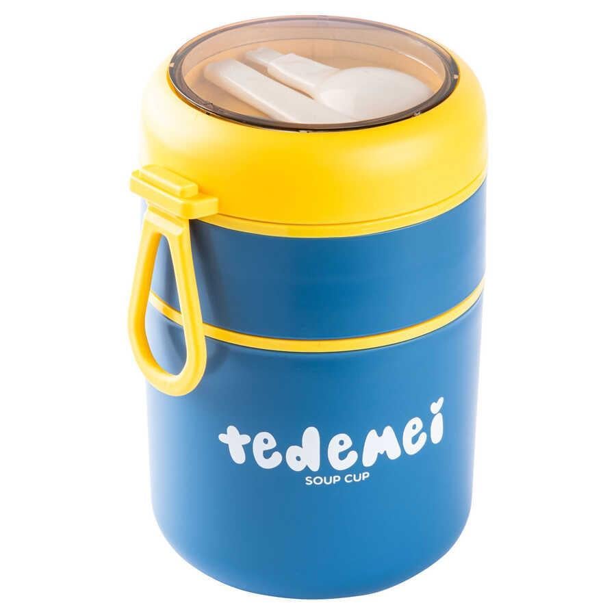 TANTİTONİ 036-01-TEDEMEI MAVİ PASLANMAZ ÇELİK 2 KATLI PEMBE-YEŞİL PLASTİK KAŞIKLI YEMEK TAŞIMA KABI 710ML