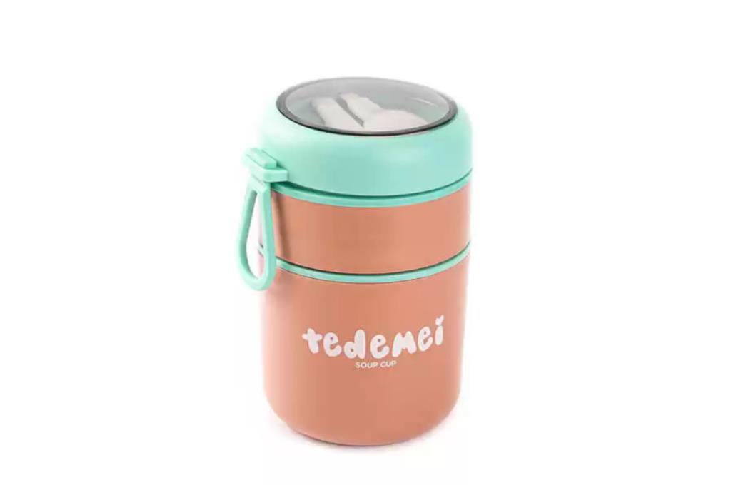 TANTİTONİ 036-01-TEDEMEI PEMBE PASLANMAZ ÇELİK 2 KATLI PEMBE-YEŞİL PLASTİK KAŞIKLI YEMEK TAŞIMA KABI 710ML