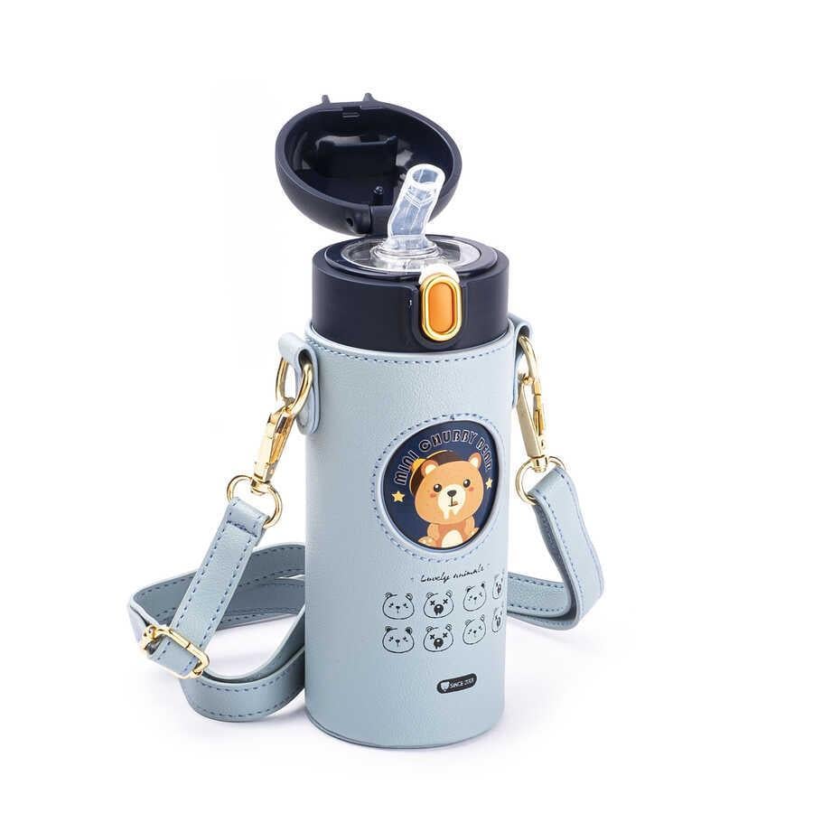 Tantitoni 040-01-OKADI MAVİ AYI DESENLİ PASLANMAZ ÇELİK ÇANTALI VE PİPETLİ ÇOCUK TERMOSU 350ML
