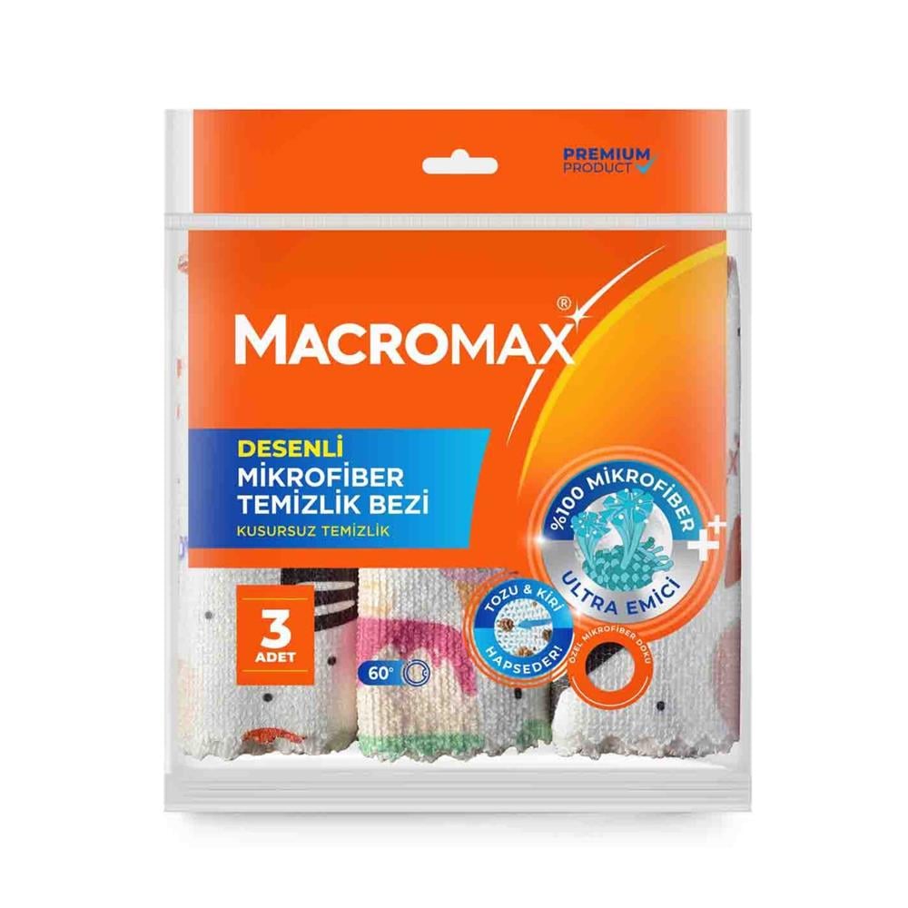 MACRO MAX MIKROFIBER DESENLI TEMIZLIK BEZI 3 LU