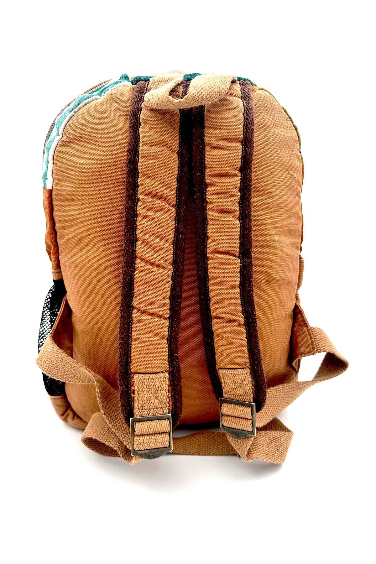 Camel Renk Baskılı Patchwork Desenli Vintage Küçük Sırt Çantası